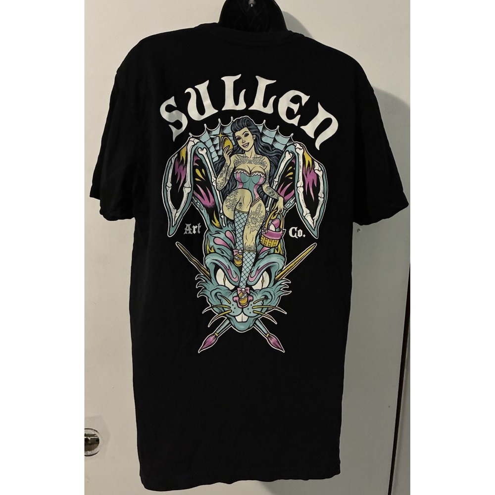 Sullen Art Graphic Design Black Medium Tshirt Pin Up Girl Skull Teal Bunny Rabbi